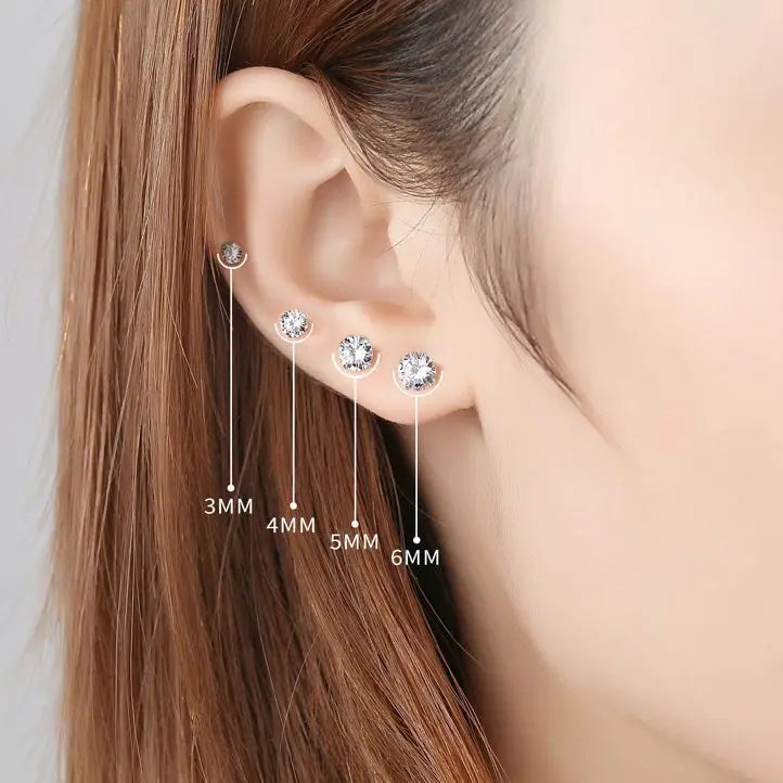 Sterling silver CZ stud earrings, round cubic zirconia - view 12