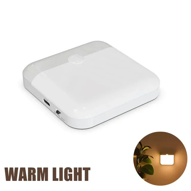 Square LED motion sensor light with USB-C charging, ideal for bedrooms, kitchens, hallways, wardrobes, and night lighting.