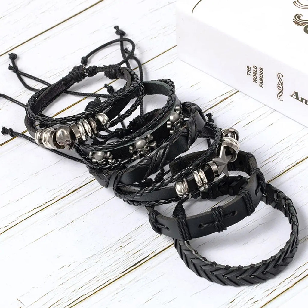 6-piece black punk skull and star bracelet set - view 2