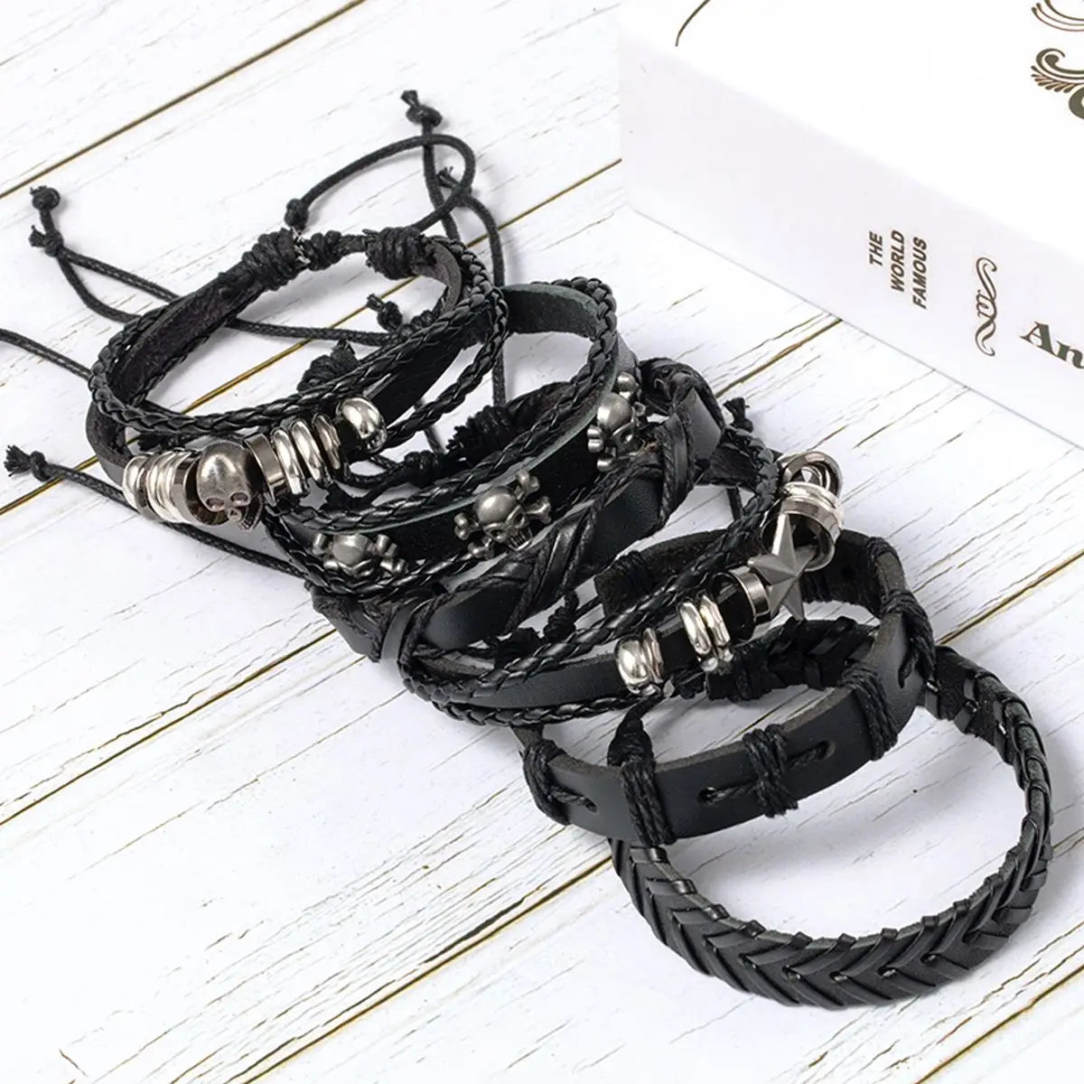 6-piece black punk skull and star bracelet set - view 2
