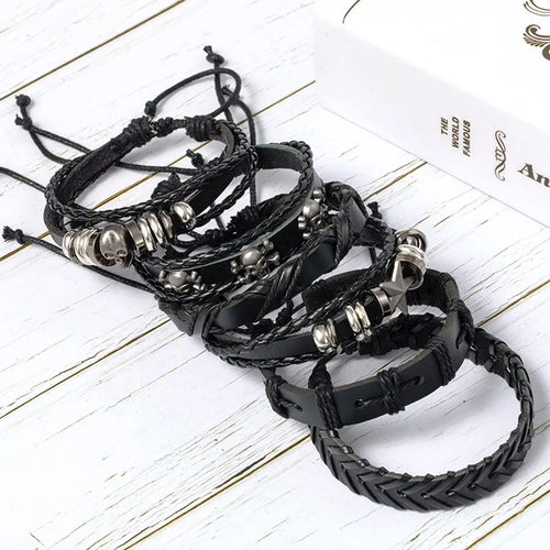 6-piece black punk skull and star bracelet set - view 2
