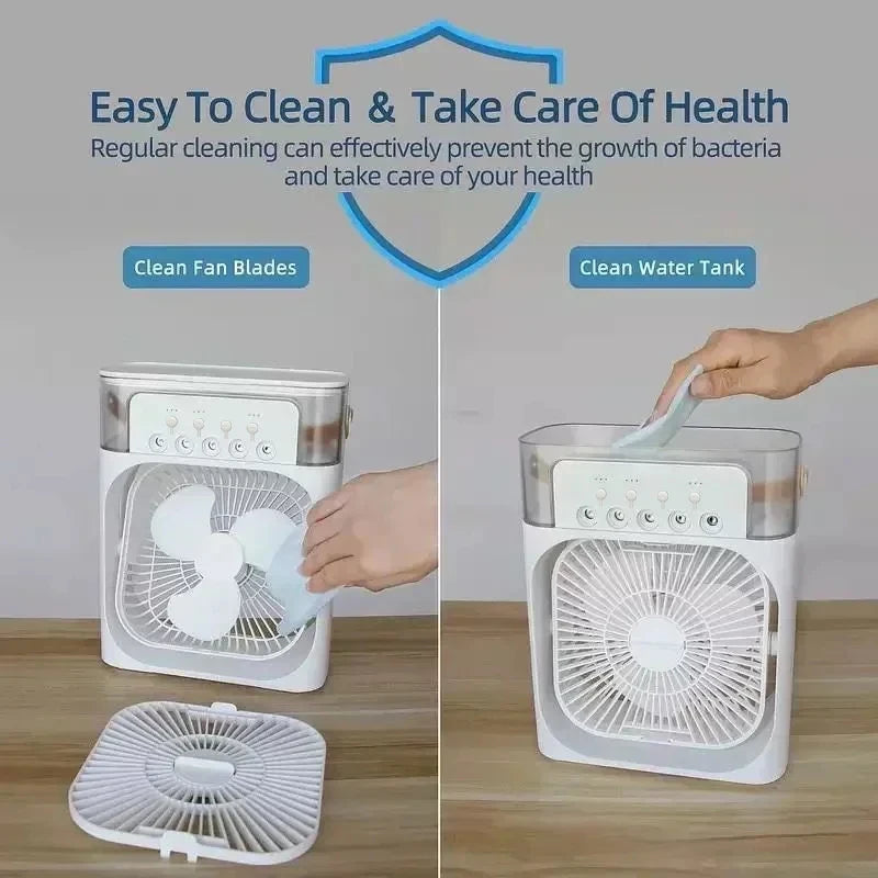 Portable Prime Deal Zone 3-in-1 air cooler with LED night light, humidifier, and adjustable fan for home or office use.
