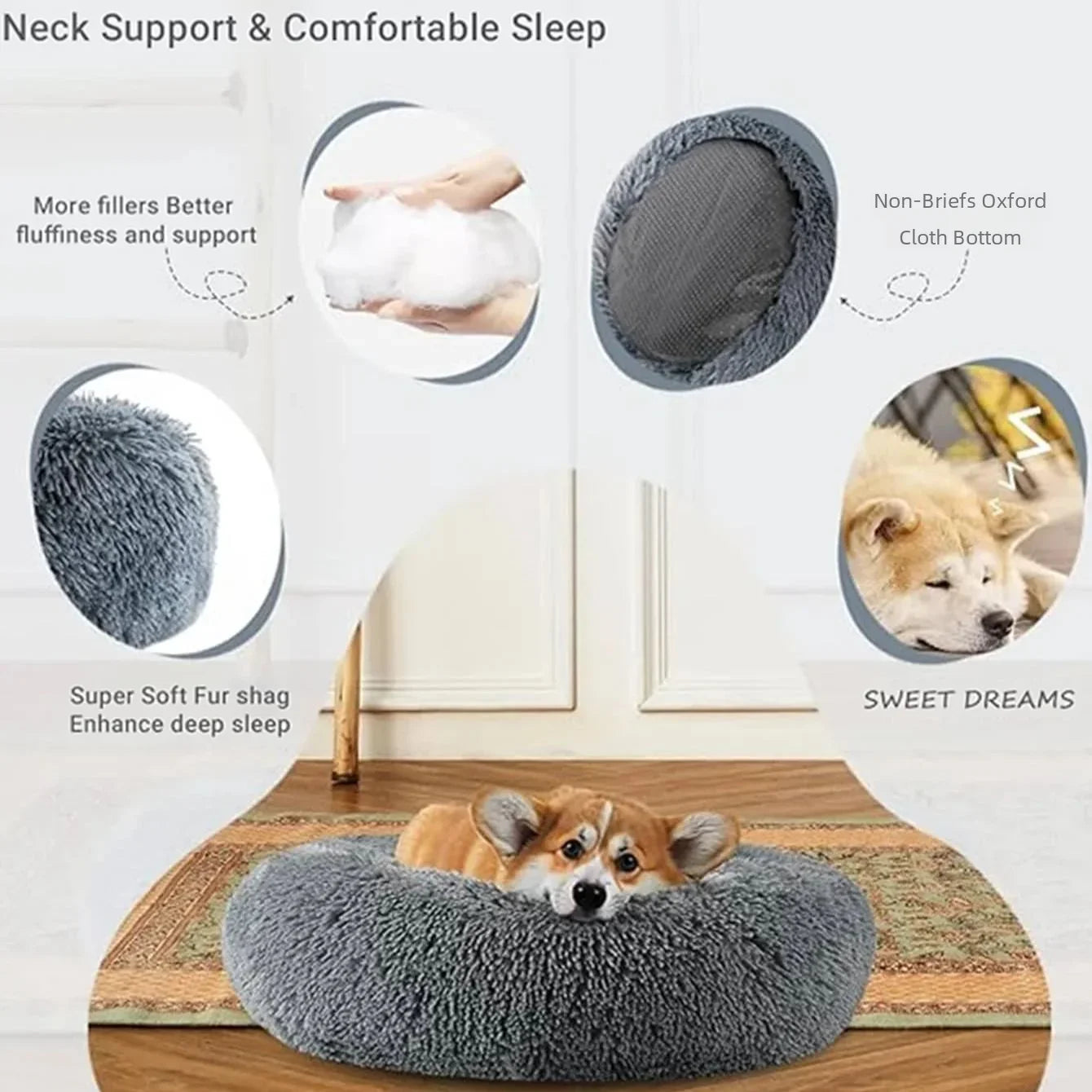 Soft round pet bed by Prime Deal Zone, 40-90cm, suitable for large dogs and cats, with plush, winter-warm sleeping comfort.