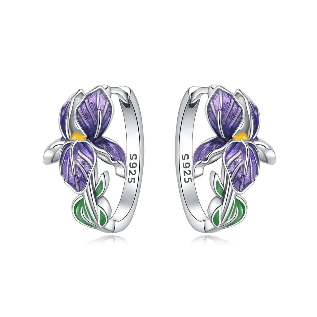 Sterling silver purple iris flower hoop earrings - view 13