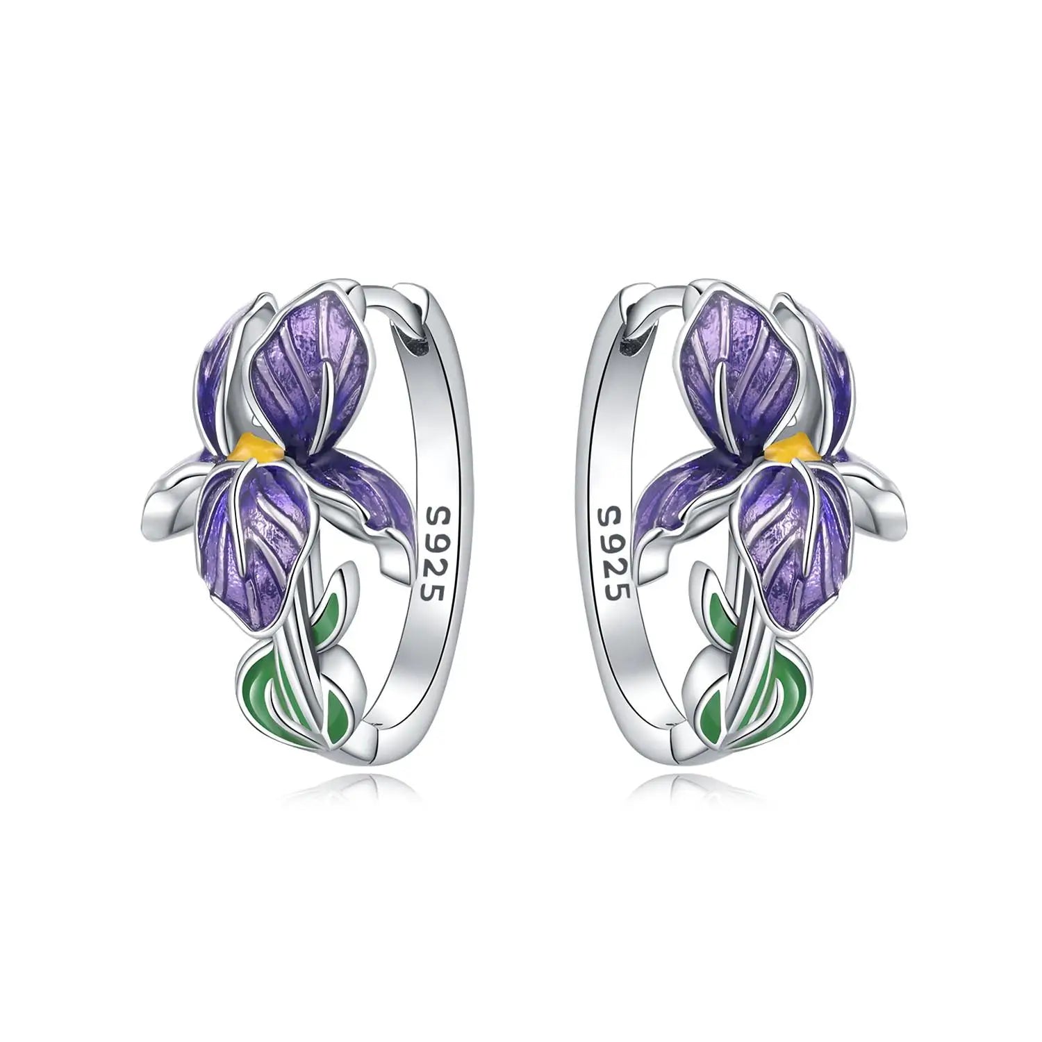 Sterling silver purple iris flower hoop earrings - view 13