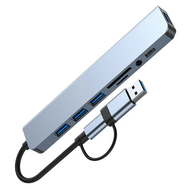 Prime Deal Zone 8-in-1 USB and Type C hub docking station with 3.5mm audio jack, micro SD card reader, for laptops and tablets