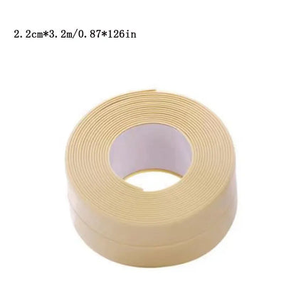 Prime Deal Zone waterproof PVC sealing tape for bathroom sinks, showers, bathtubs, and toilets, showing self-adhesive wall sticker application