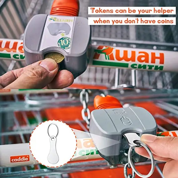 Stainless steel shopping cart token keychain with metal hook, portable and practical for daily use and shopping cart access.