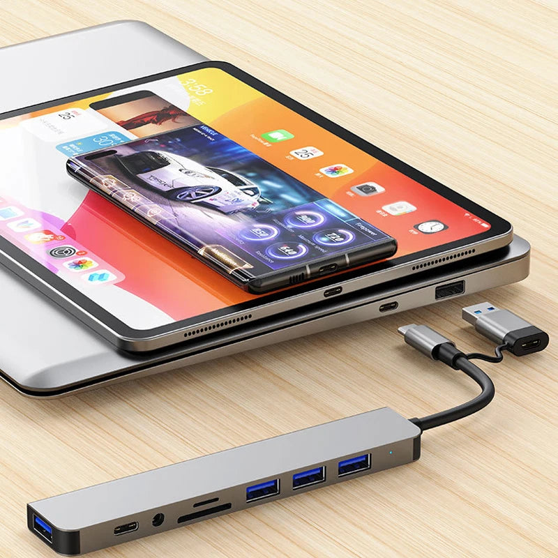 Prime Deal Zone 8-in-2 USB and Type-C hub docking station with 3.5mm audio jack, micro SD card reader, laptop and tablet connectivity