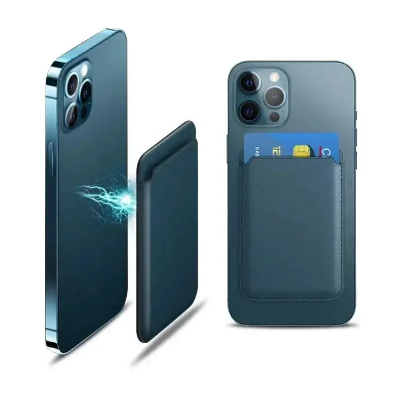 Prime Deal Zone Magsafe magnetic leather wallet case for iPhone and Samsung with card holder and magnetic cover, black leather design.