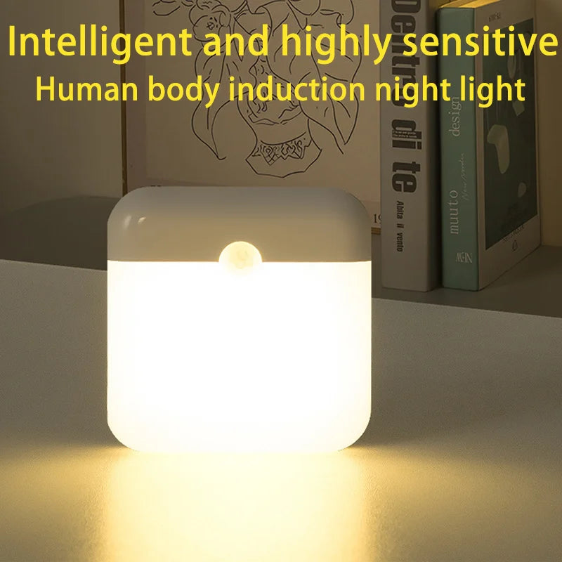 Square LED motion sensor light with USB Type-C charging, ideal for bedroom, kitchen, hallway, wardrobe, and night lighting.