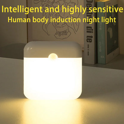 Square LED motion sensor light with USB Type-C charging, ideal for bedroom, kitchen, hallway, wardrobe, and night lighting.