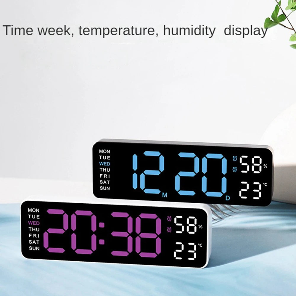 Large Prime Deal Zone digital wall clock displaying temperature, humidity, week, with adjustable brightness and LED table alarm functions.