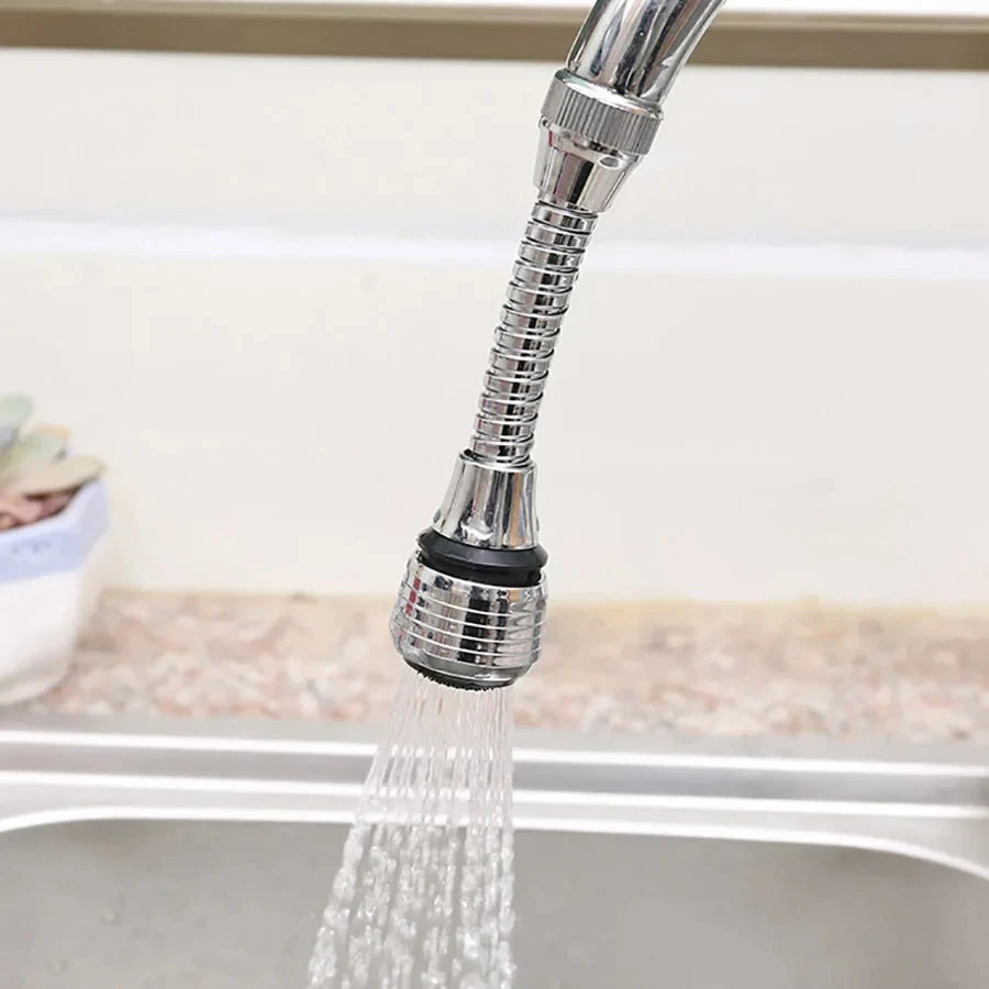 Stainless steel kitchen faucet sprinkler with rotating splash-proof extender and water-saving bubbler attachment.
