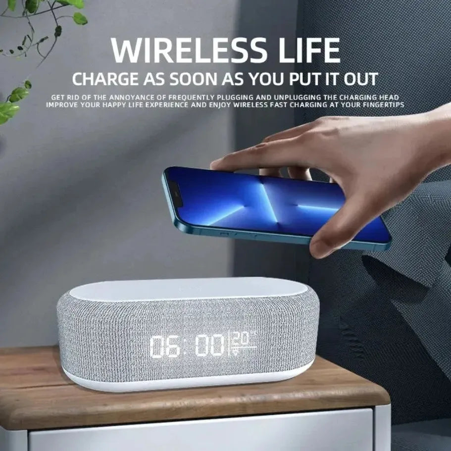 Wireless alarm clock with wireless charger, phone night light, and thermometer, compatible with iPhone 13-17, by Prime Deal Zone.