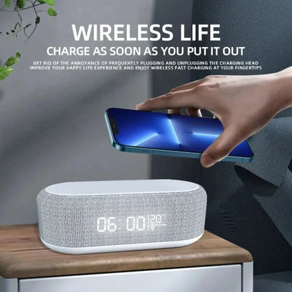Wireless alarm clock with wireless charger, phone night light, and thermometer, compatible with iPhone 13-17, by Prime Deal Zone.