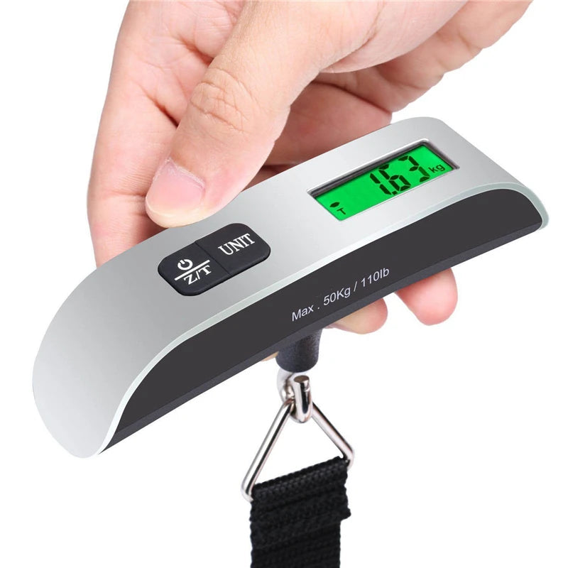 Digital LCD portable luggage scale by Prime Deal Zone showing weight measurement of a suitcase for travel baggage.
