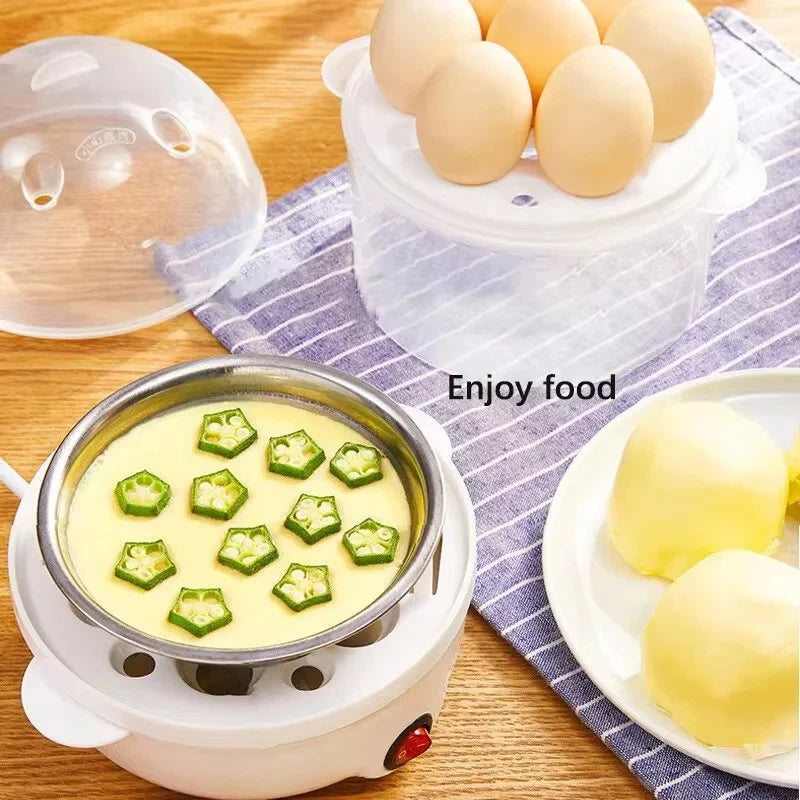 Prime Deal Zone electric egg boiler with double-layer steamer for breakfast, featuring a compact mini egg cooker and poacher.