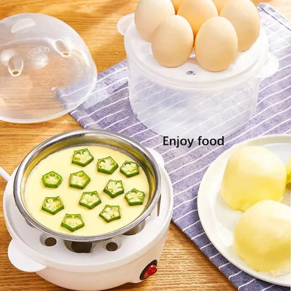 Prime Deal Zone electric egg boiler with double-layer steamer for breakfast, featuring a compact mini egg cooker and poacher.