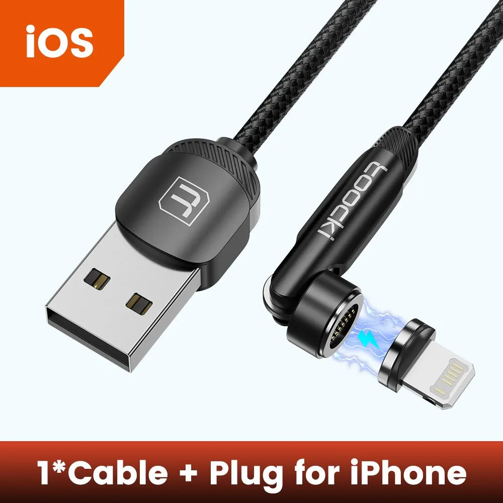 Toocki 540 Rotate Magnetic USB Type C cable for iPhone, Xiaomi, and Micro USB devices, featuring magnetic connectors and fast charging.