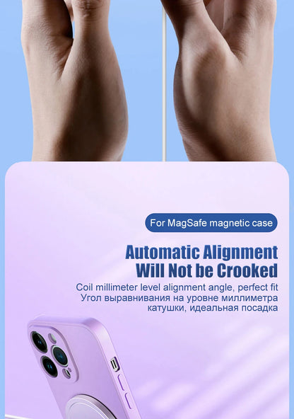 Liquid silicone magnetic iPhone case with MagSafe for models 11 to 15, featuring wireless charging compatibility and sleek design.