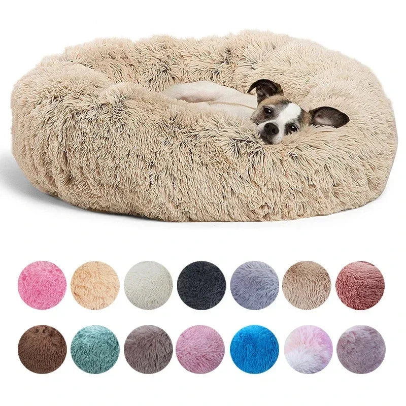 Round plush dog and cat bed in six sizes, featuring a soft, warm interior for large dogs and medium cats for winter comfort.