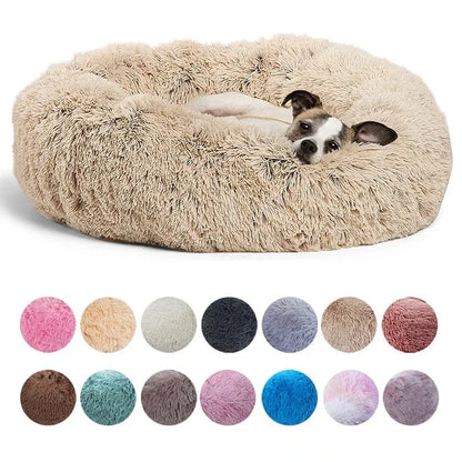 Round plush dog and cat bed in six sizes, featuring a soft, warm interior for large dogs and medium cats for winter comfort.