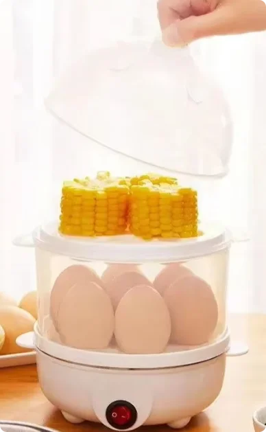 Prime Deal Zone electric egg boiler with double-layer steamer for cooking eggs and breakfast in a compact, multifunctional kitchen appliance.
