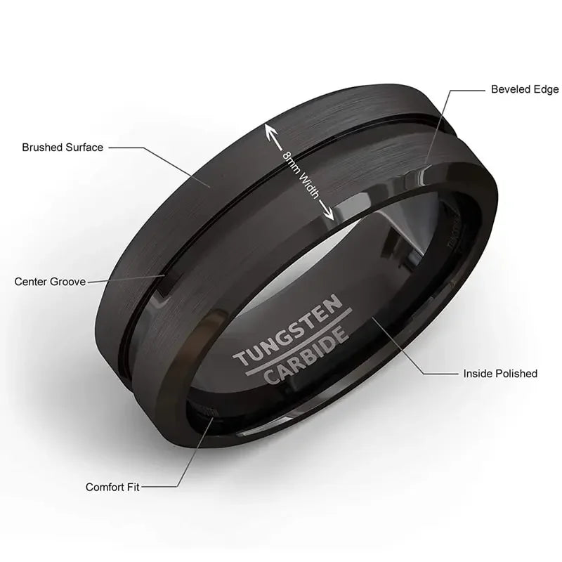 stainless steel 8mm black matte groove wedding band - view 2