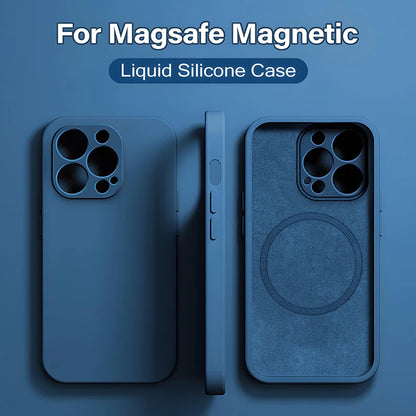 Liquid silicone Magsafe magnetic phone case for iPhone 15 to 8 Plus, featuring wireless charging compatibility and sleek design.