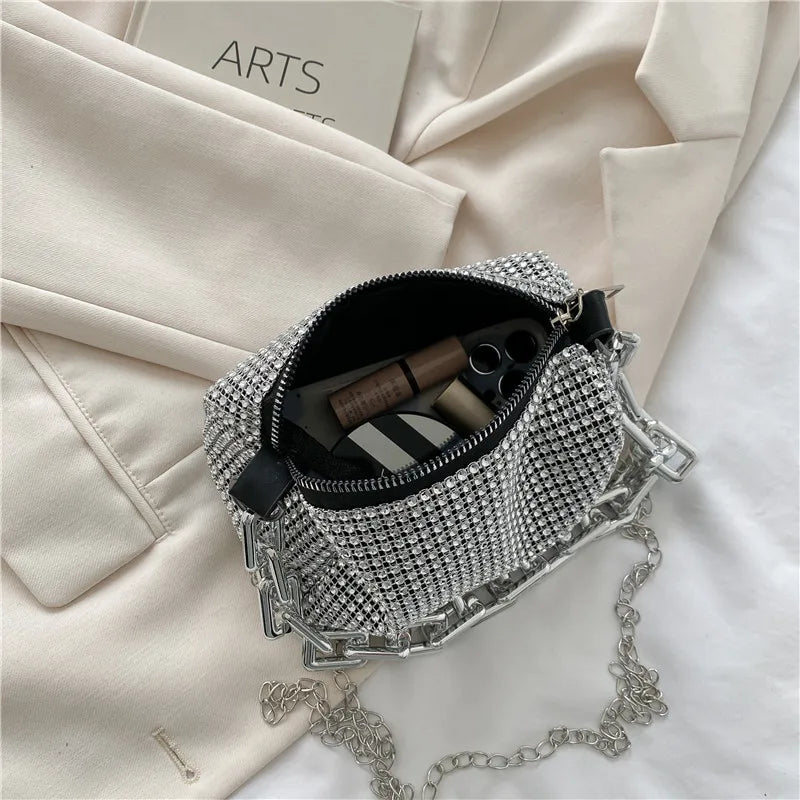 HOMEFISH allover RhiHOMEFISH nestone bucket bag with glitter chain, mini crossbody purse for women, stylish and compact accessory