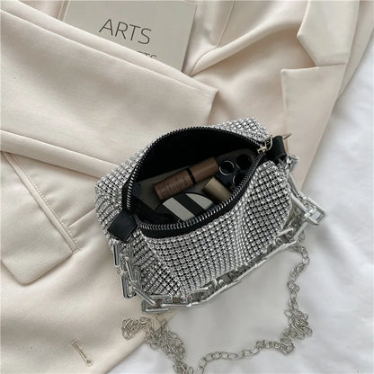 HOMEFISH allover RhiHOMEFISH nestone bucket bag with glitter chain, mini crossbody purse for women, stylish and compact accessory