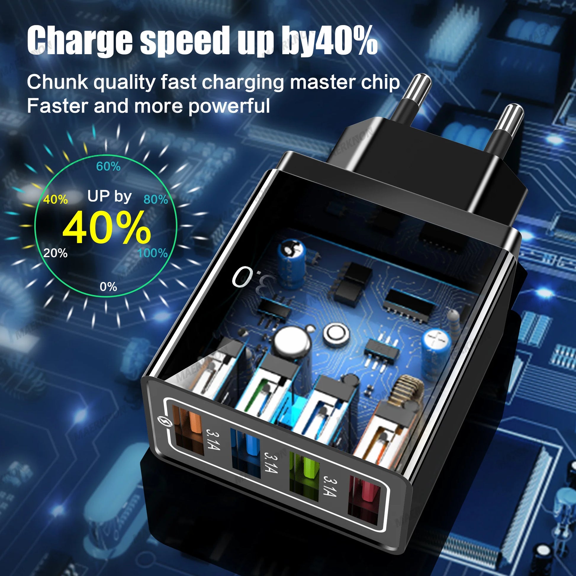 Prime Deal Zone 3A USB charger with 4 ports and Quick Charge 3.0, featuring EU and US plug for fast charging iPhone, Samsung, Xiaomi phones.