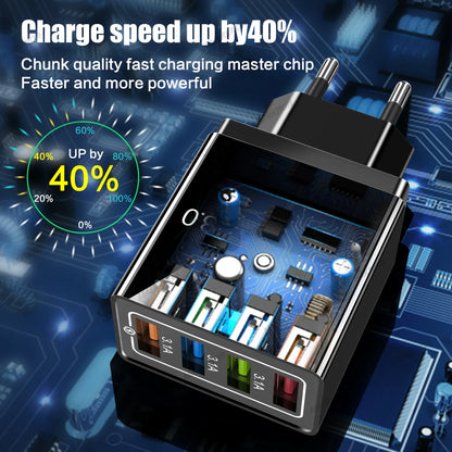 Prime Deal Zone 3A USB charger with 4 ports and Quick Charge 3.0, featuring EU and US plug for fast charging iPhone, Samsung, Xiaomi phones.