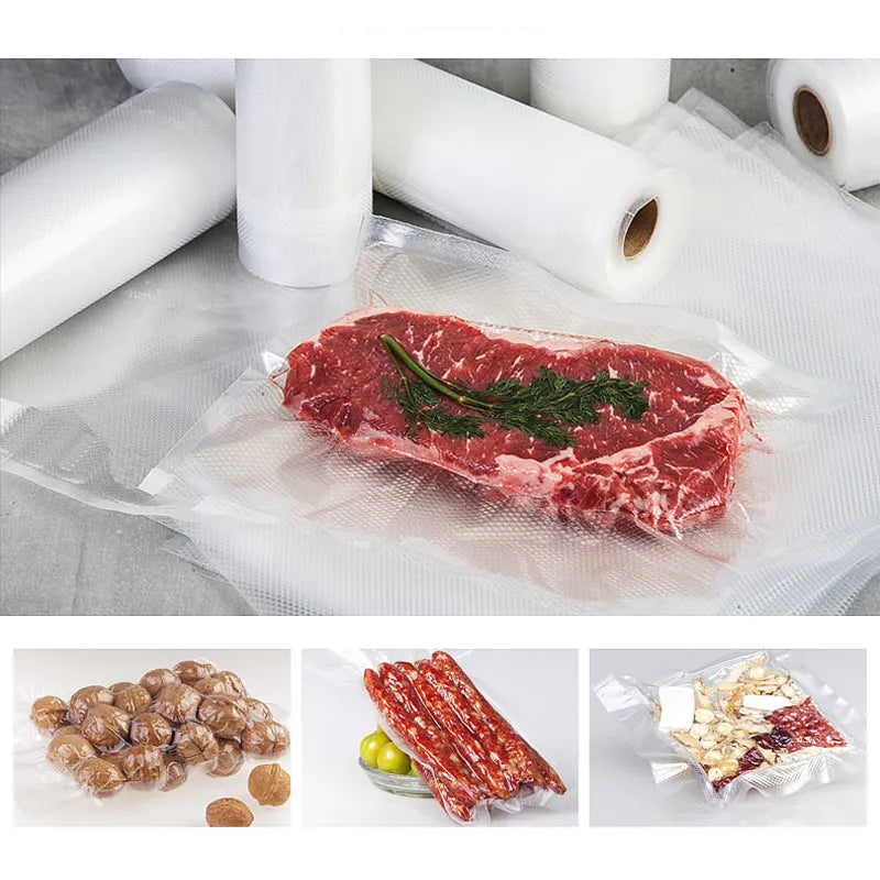Prime Deal Zone food vacuum storage bags for vacuum sealer, suitable for meat, fruit, vegetables, and sous vide cooking.