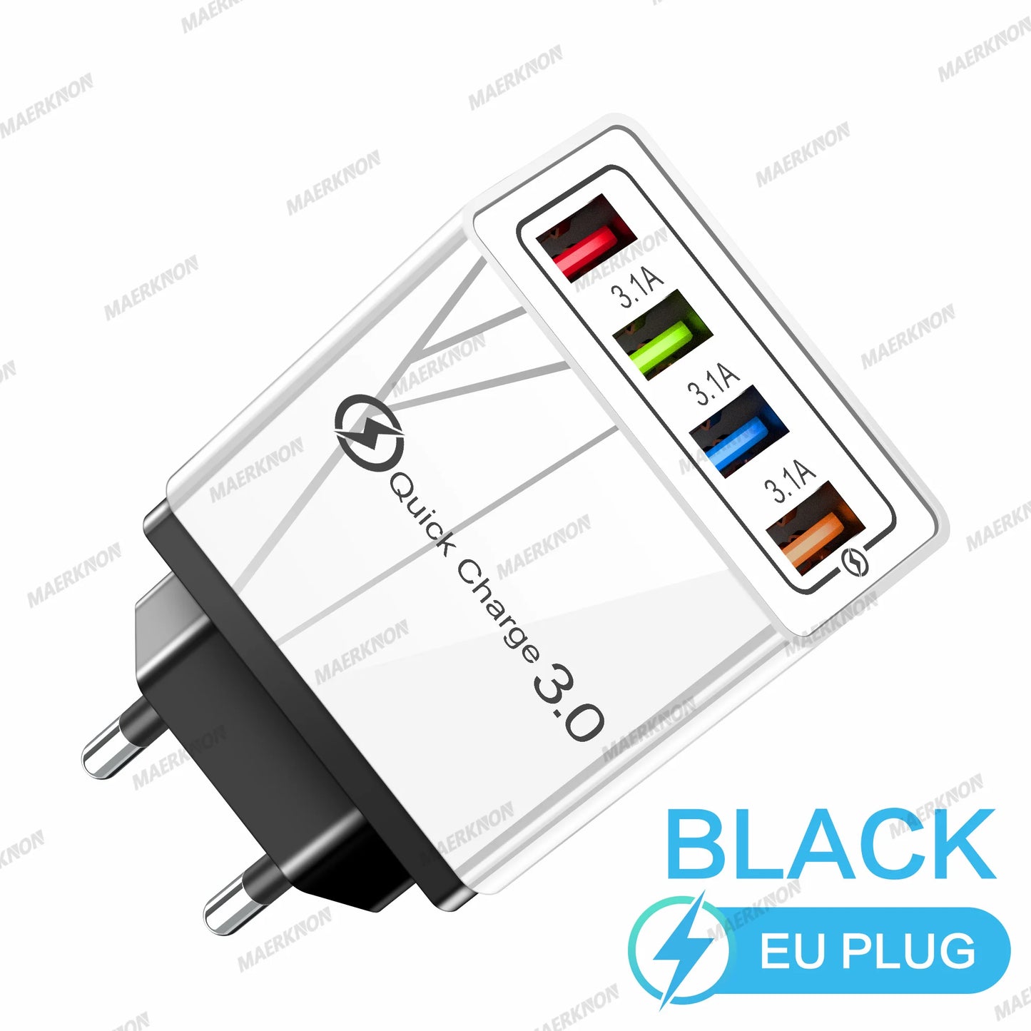 Prime Deal Zone 3A USB charger with 4 ports, Quick Charge 3.0, EU/US plug for iPhone, Samsung, Xiaomi, Poco fast charging mobile phones.