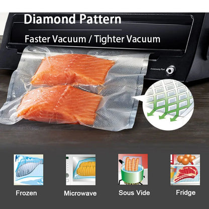 Prime Deal Zone food vacuum storage bags for vacuum sealer, ideal for meat, fruit, vegetables, and sous vide cooking.