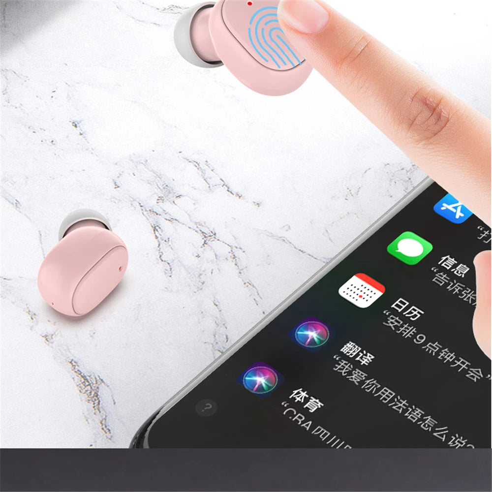 Wireless Bluetooth A6S earphones with touch control and LED display, stereo sound for Xiaomi and Huawei devices.