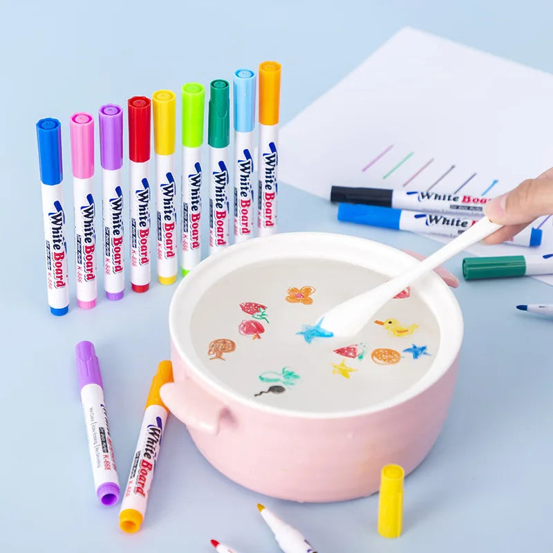 Water floating pen set with colorful floating ink and chalk art for kids, featuring floating water painting and graffiti drawing tools.