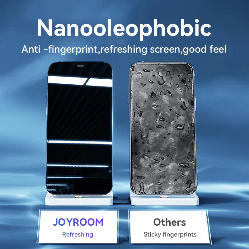 Joyroom tempered glass screen protector for iPhone 17, 16, 15 Pro Max, showing clear full-screen protection and HD clarity.