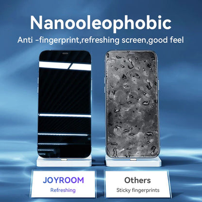 Joyroom tempered glass screen protector for iPhone 17, 16, 15 Pro Max, showing clear full-screen protection and HD clarity.