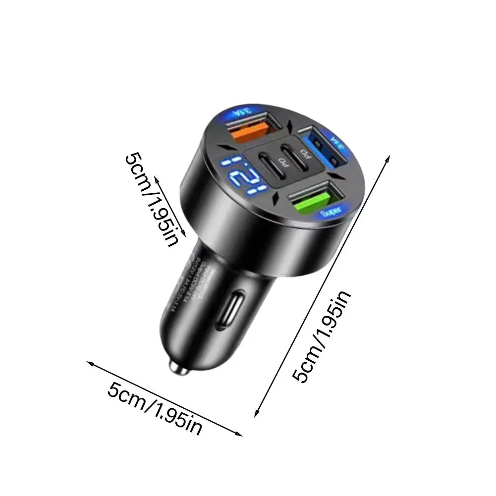 Prime Deal Zone 250W 5-port car charger with USB-C, PD, QC3.0 fast charging for iPhone and other smartphones in a vehicle.