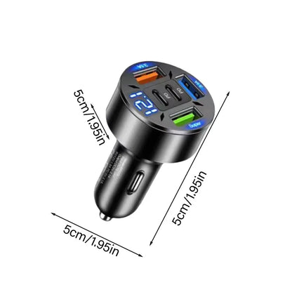 Prime Deal Zone 250W 5-port car charger with USB-C, PD, QC3.0 fast charging for iPhone and other smartphones in a vehicle.
