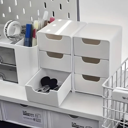 3-Tier Plastic Desk Organizer with Drawers | Portable Storage Box for Office Supplies, Jewelry & Cosmetics