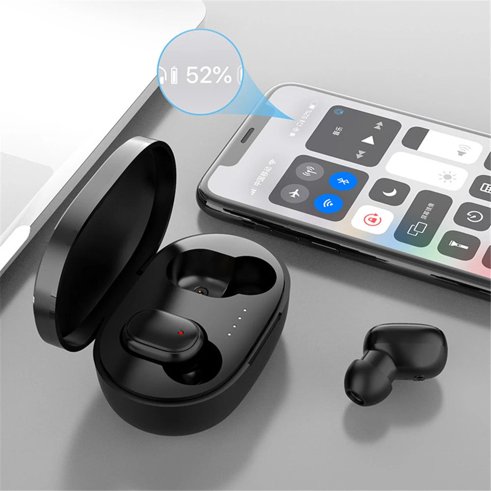 Wireless Bluetooth A6S earphones with sport touch control and LED display, stereo sound for Xiaomi and Huawei devices.