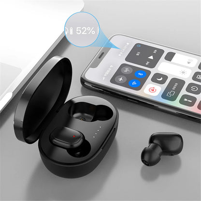 Wireless Bluetooth A6S earphones with sport touch control and LED display, stereo sound for Xiaomi and Huawei devices.
