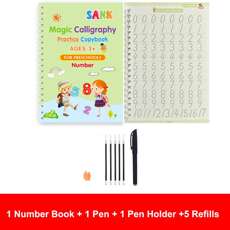 Prime Deal Zone Sank Magic Practice Copybook for kids with reusable calligraphy pen, featuring wipe-clean pages for preschool writing practice.