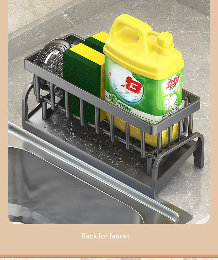 Prime Deal Zone kitchen shelf cleaning cloth storage rack with sponge holder and water draining feature over a sink.
