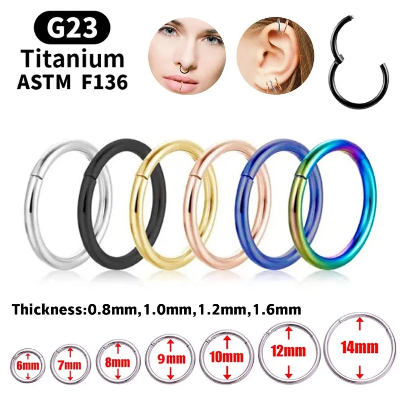 G23 titanium hinged hoop ring, nose cartilage and lip piercing - view 1