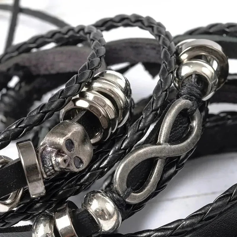 5-piece braided punk bracelet set, PU leather and beads - view 3
